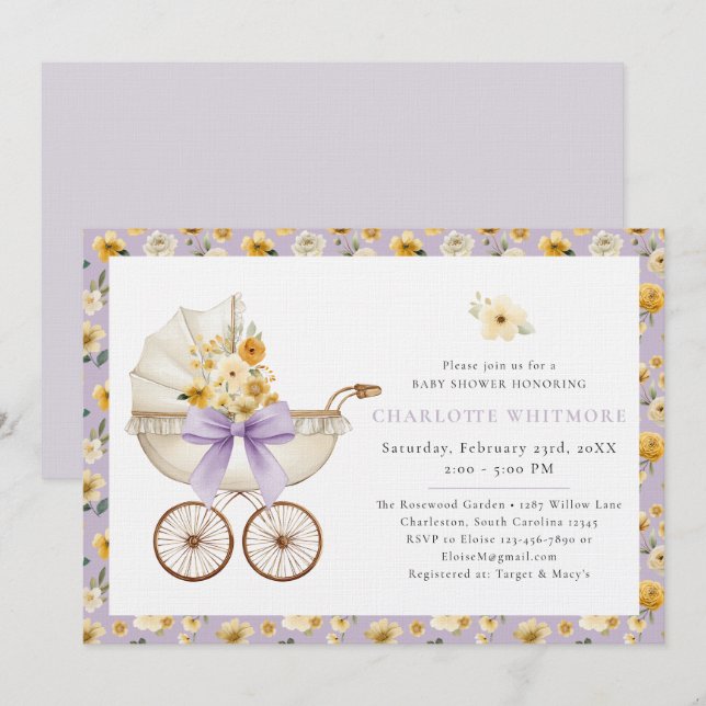 Convites Lavender Floral Carriage Baby Shower Invite (Frente/Verso)
