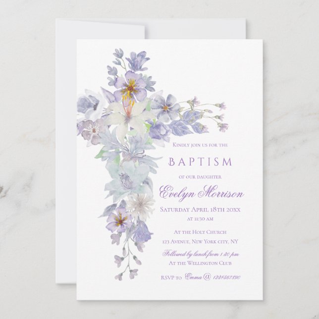 Convites Lavender Floral Cross Baptism Invitation (Frente)