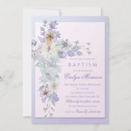 Convites Lavender Floral Cross Baptism Invitation