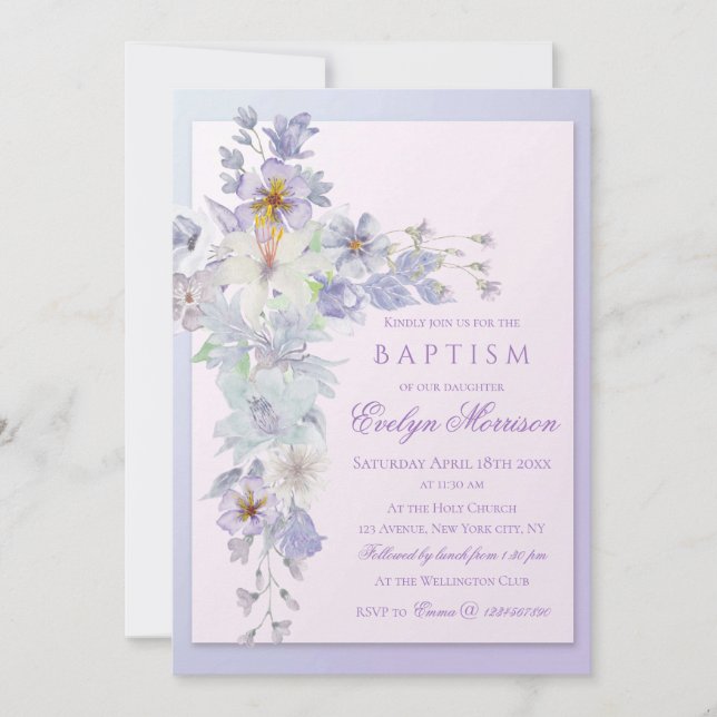 Convites Lavender Floral Cross Baptism Invitation (Frente)