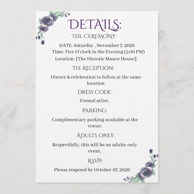 Convites Lavender Floral Details Card (Verso)