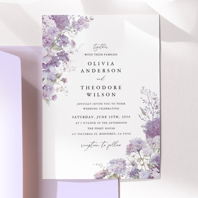 Convites Lavender Floral Elegant Wedding (Lavender floral wedding invitation with hydrangea watercolor, elegant serif typography)