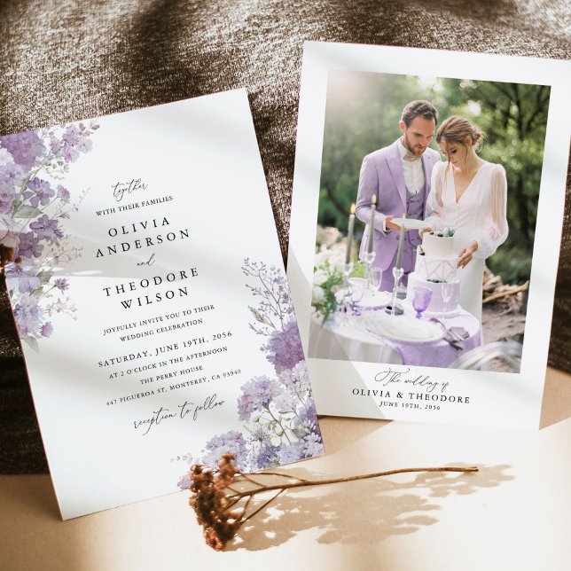 Convites Lavender Floral Photo Back Elegant Wedding (Lavender floral photo back wedding invitation with hydrangea watercolor, romantic couple portrait)