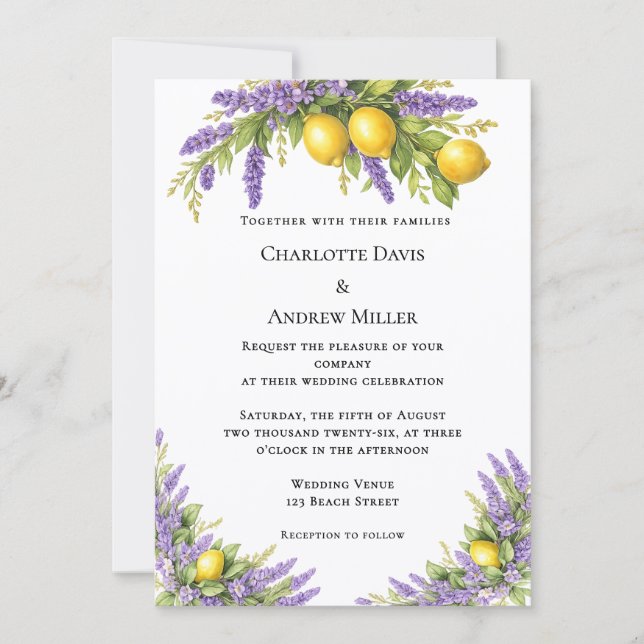 Convites Lavender florals lemons wedding  (Frente)