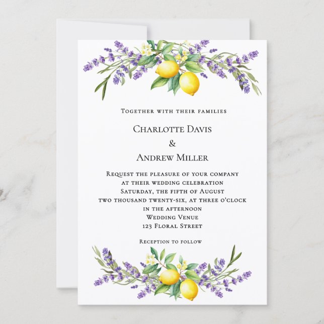 Convites Lavender florals lemons wedding  (Frente)