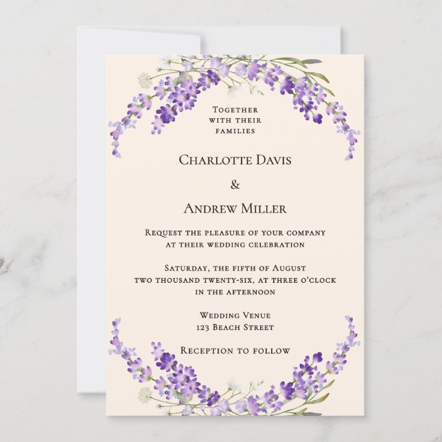 Convites Lavender flowers champage cream wedding (Frente)