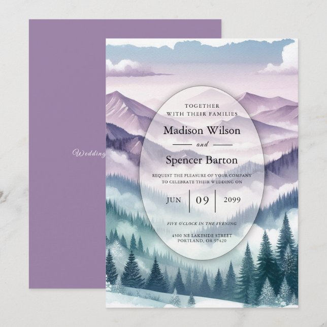 Convites Lavender Frost in the Alpine Mist Wedding (Frente/Verso)