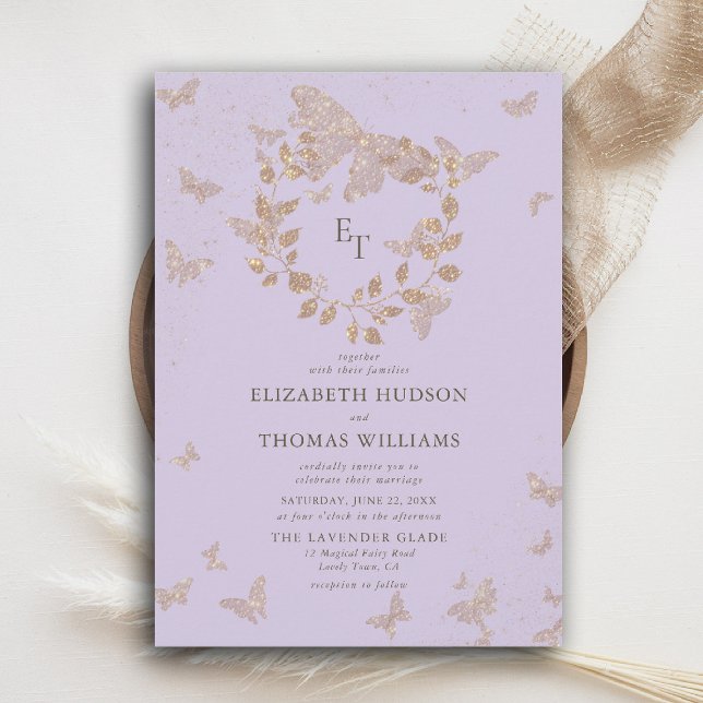 Convites Lavender Gold Butterflies Monograms Wreath Wedding (butterfly wedding invitation lavender gold purple eucalyptus crest elegant modern classic romantic)