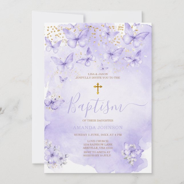 Convites Lavender Gold Purple Butterfly Baptism Invitation (Frente)