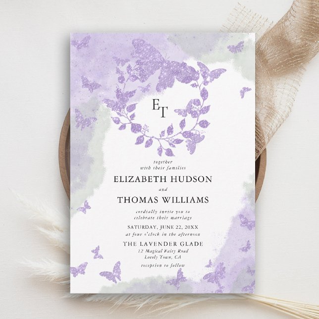 Convites Lavender Green Dream Butterfly Eucalyptus Wedding (butterfly wedding invitation lavender purple green eucalyptus crest elegant modern romantic)