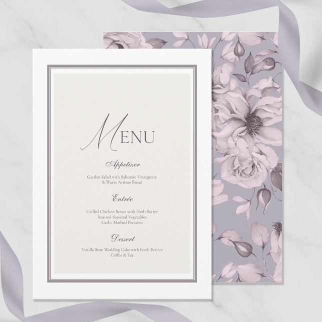 Convites Lavender Grey Floral Wedding Menu Card (Criador carregado)