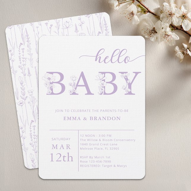Convites Lavender Hello Baby Wildflower Invitation (Lavender Baby Shower Invite)