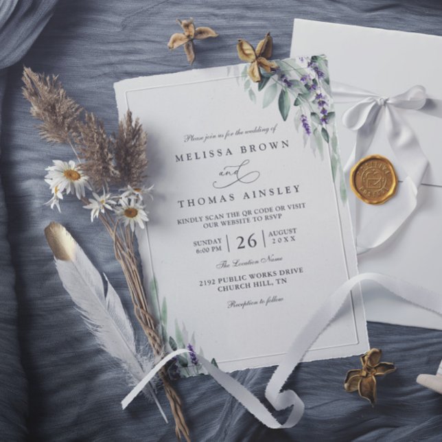 Convites Lavender Leaves Rustic Elegant QR Code Wedding (Criador carregado)