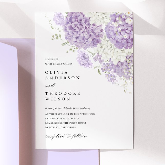 Convites Lavender Lilac White Floral Wedding (Lavender white hydrangea floral wedding invitation, elegant, romantic lilac purple stationery)