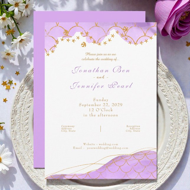 Convites Lavender Mermaid Gold Wedding Invitation (Criador carregado)