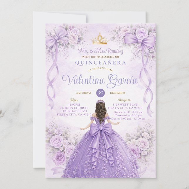 Convites Lavender Princesa Quinceañera Lilás Roxo (Frente)