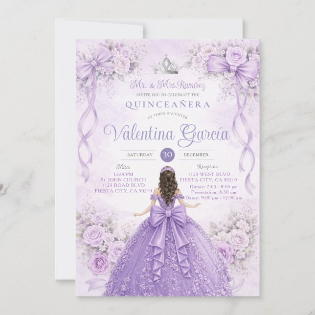 Convites Lavender Princesa Quinceañera Lilás Roxo Prata (Frente)