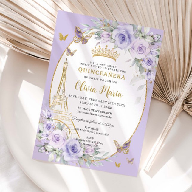 Convites Lavender Purple Floral Butterflies Quinceañera 16 (pastel-soft-lavender-purple-lilac-floral-flowers-butterflies-gold-eiffel-tower-paris-france-invite)