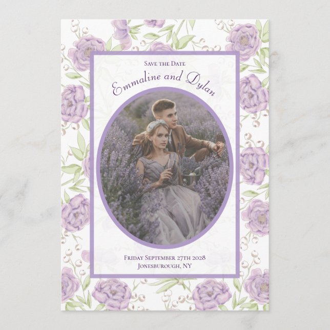 Convites Lavender Purple Rose Wedding Save the Date (Frente)