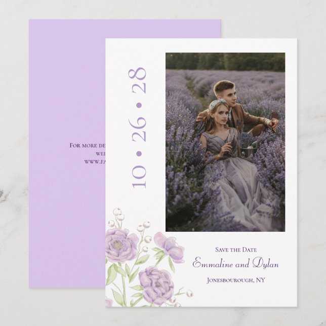 Convites Lavender Purple Rose Wedding Save the Date (Frente/Verso)