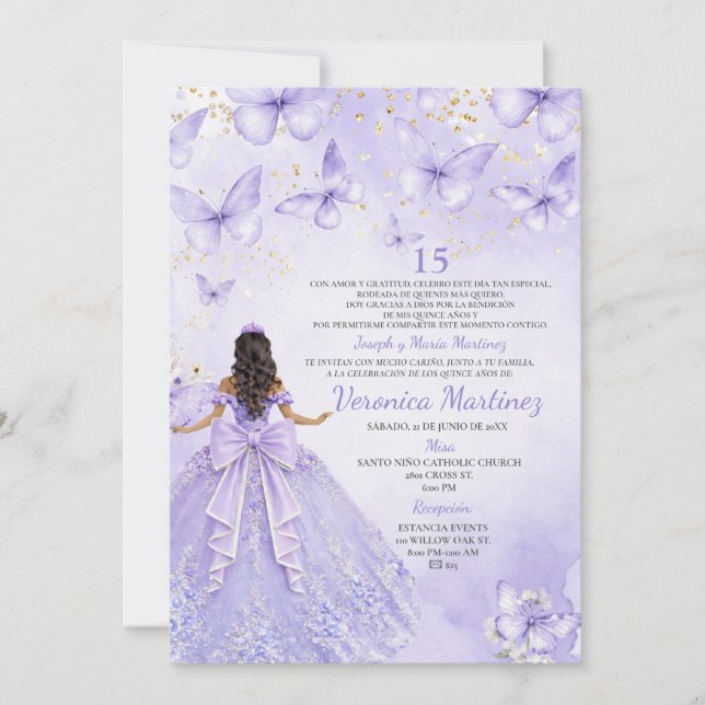Convites Lavender Quinceañera Invitation with Butterflies (Frente)