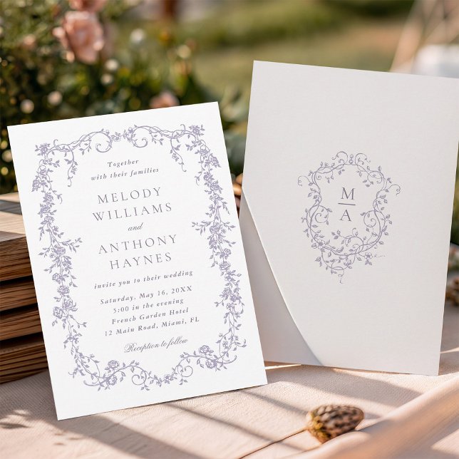 Convites Lavender Romantic French Floral Wedding  (Front & Back)