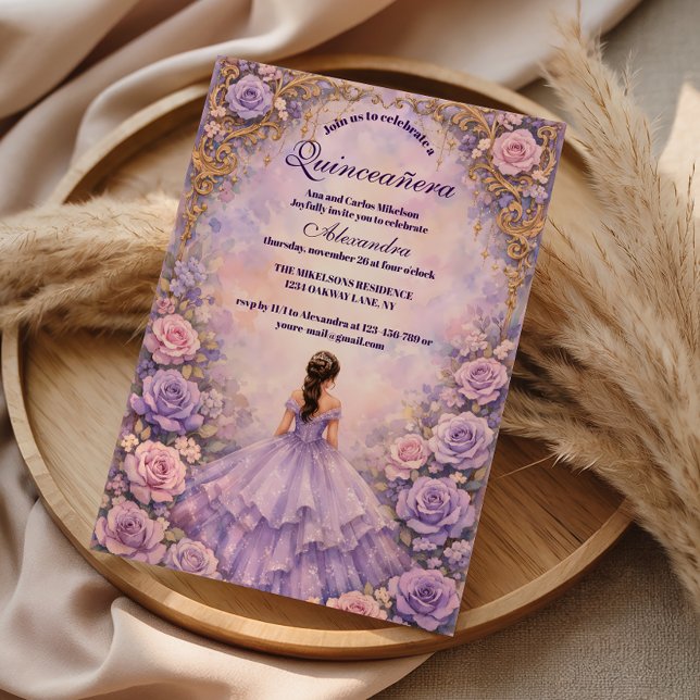 Convites Lavender Rose Fairytale Quinceañera (Criador carregado)