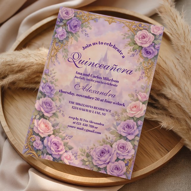 Convites Lavender Rose Gold Garden Quinceañera (Criador carregado)