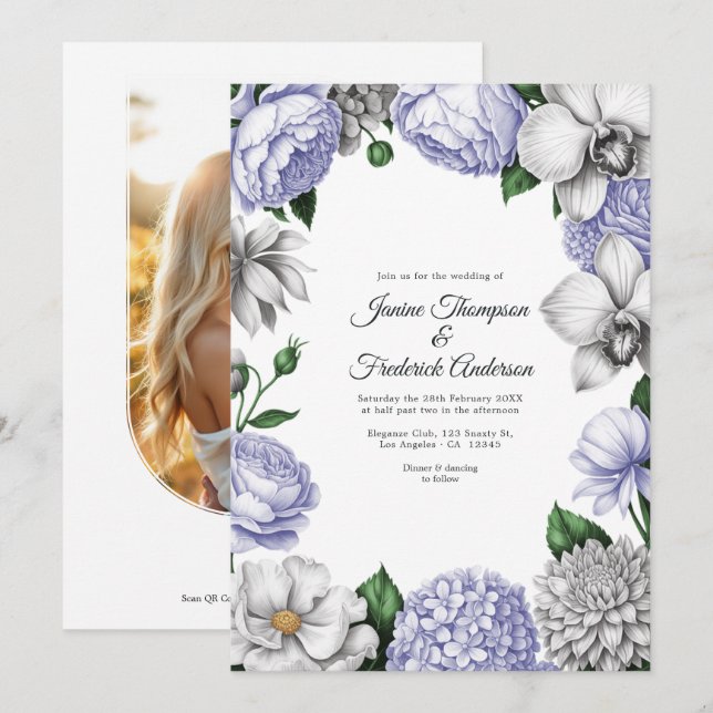Convites Lavender & Silver Watercolor Floral Wedding (Frente/Verso)