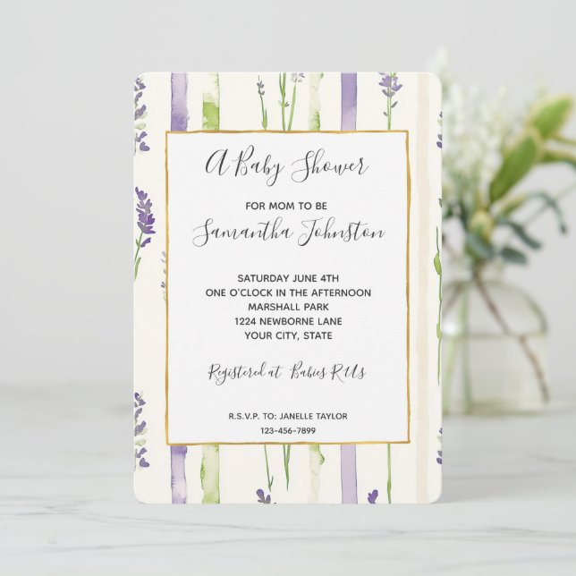 Convites Lavender Stripes Floral Baby Shower (Em pé/Frente)
