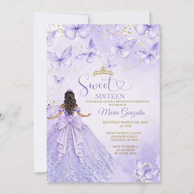 Convites Lavender Sweet 16 Invitation with Butterflies (Frente)