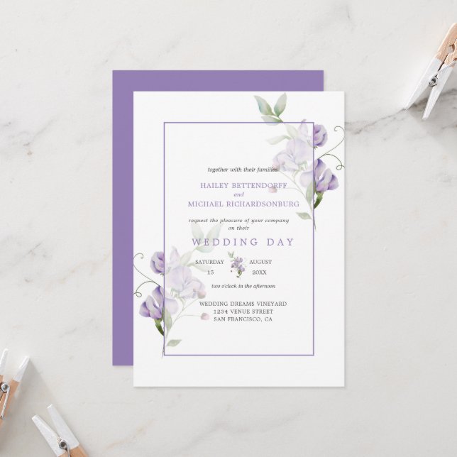 Convites Lavender Sweet Peas Floral Wedding Invitation (Frente/Verso In Situ)