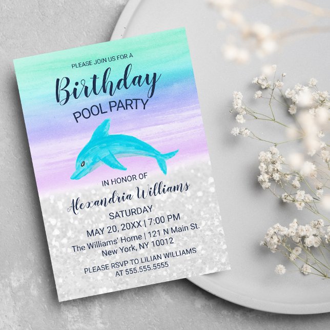 Convites Lavender Teal White Glitter Dolphin Pool Birthday (Lavender Teal White Glitter Dolphin Pool Birthday)
