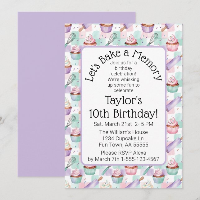 Convites Lavender Watercolor Cupcake Baking Birthday Party (Frente/Verso)