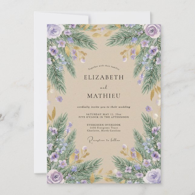 Convites Lavender Watercolor Pine Rustic Wedding (Frente)
