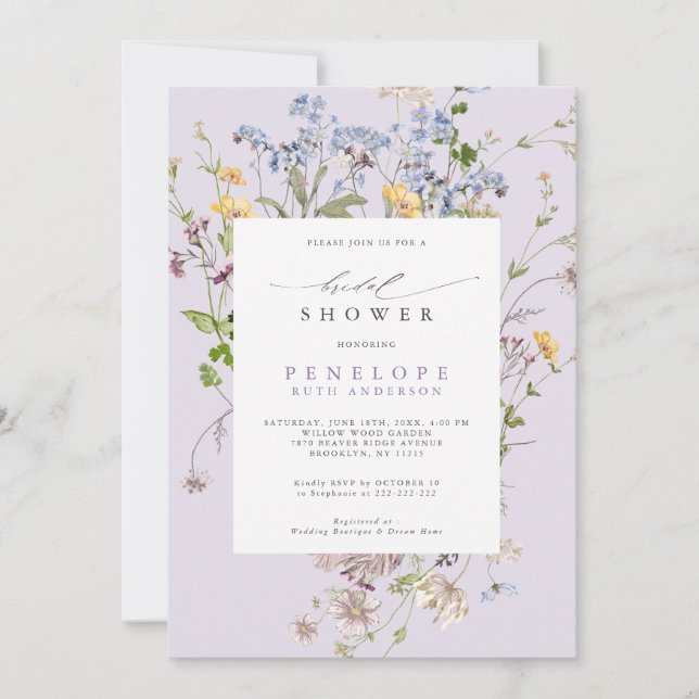 Convites Lavender Wildflower Meadow Garden Bridal Shower (Frente)