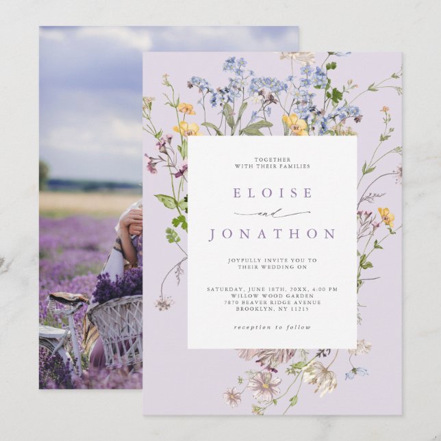 Convites Lavender Wildflower Meadow Garden Photo Wedding   (Frente/Verso)