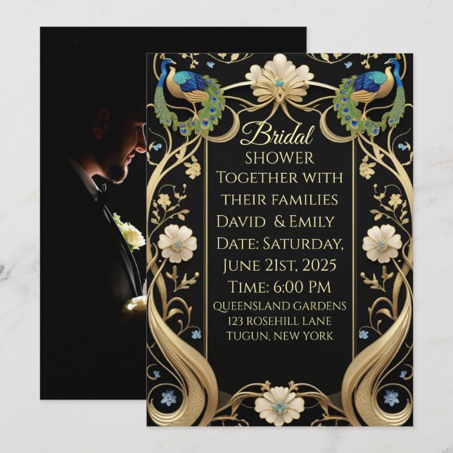 Convites Lavish Art Nouveau Black e Dourado Weding Invitati (Frente/Verso)