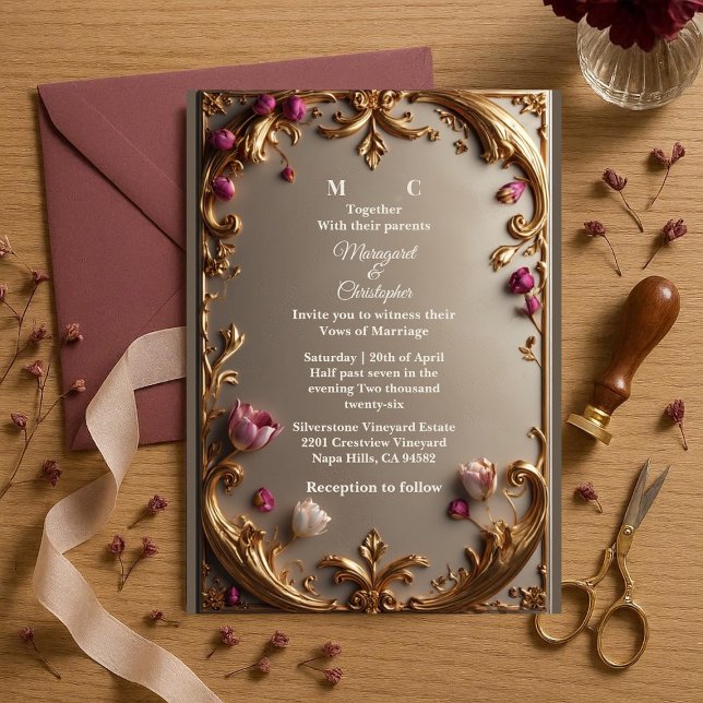 Convites Lavish Mulberry Tulip Gold Baroque Opulent Wedding (Lavish Mulberry Tulip Gold Baroque Opulent Wedding Invitation)