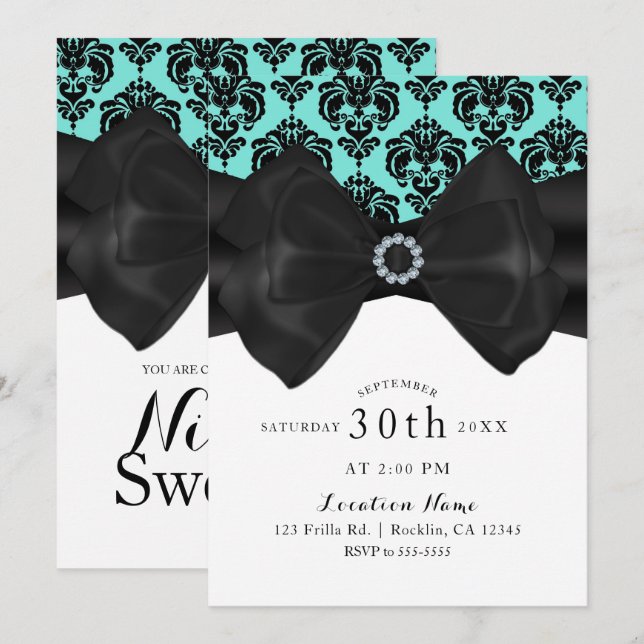Convites Lazo Damask Teal e Preto Festa Glam Chic Sweet 16 (Frente/Verso)