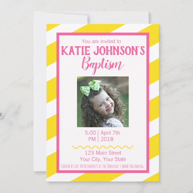 Convites LDS Baptism Invitation GIRL - Amarelo e Rosa (Frente)
