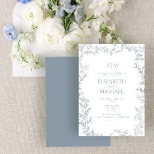 Convites Leaf Dusty Blue Monograma Postado Casamento Brunch