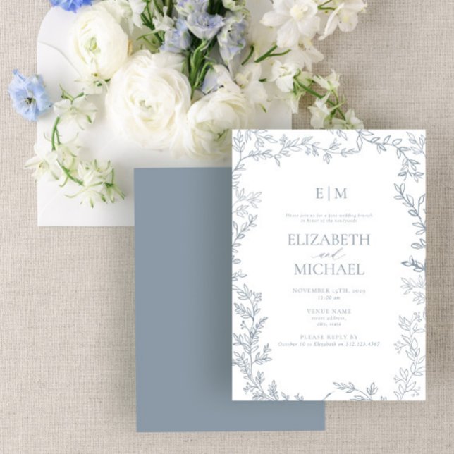 Convites Leaf Dusty Blue Monograma Postado Casamento Brunch (Criador carregado)
