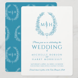 Convites Leaf oval line art casamento aqua teal e branco