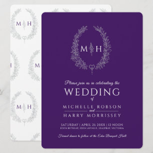 Convites Leaf oval line art casamento prata roxo e branco