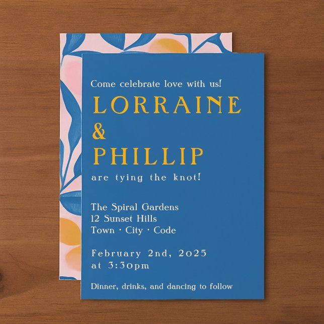 Convites Leafe Lithógrafo Azul-escuro preto e rosa casament (Leafy Lithograph Bold Blue yellow and pink wedding Invitation)