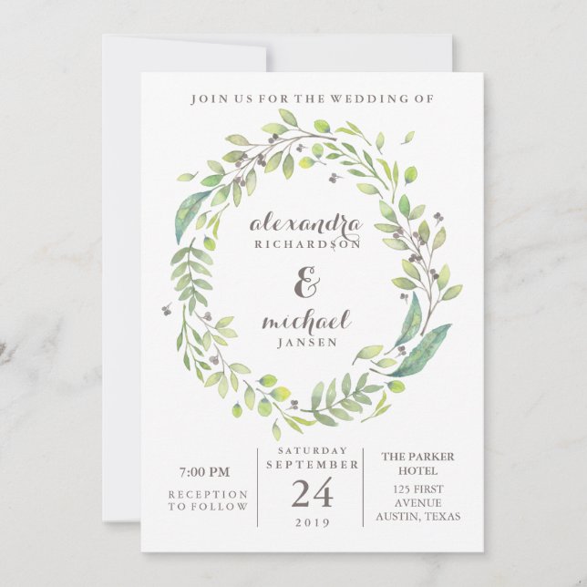 Convites Leafy Green | Trendy Watercolor Wreath Wedding (Frente)