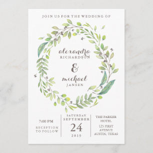 Convites Leafy Green   Trendy Watercolor Wreath Wedding