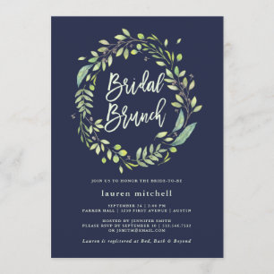 Convites Leafy Green Wreath   Brunt Bridal Azul-Meia-Noite