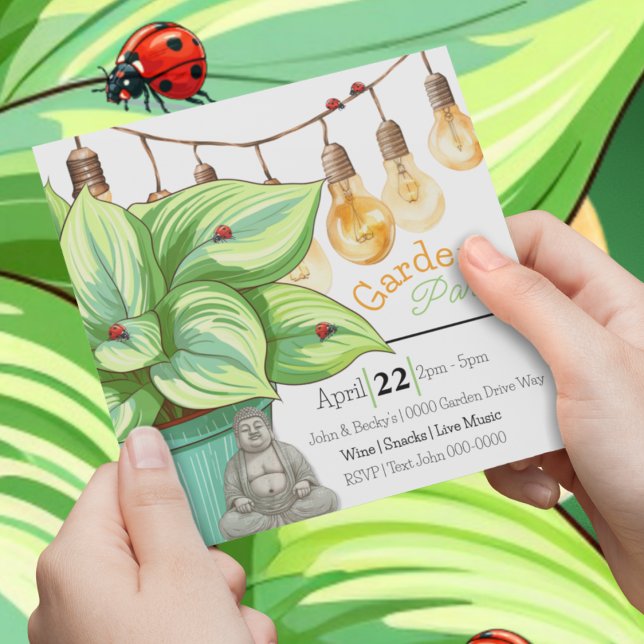Convites Leafy Hosta Plant com Ladybugs e Buddha (Birthday, garden party, house warming party Buddha, plants and ladybug customizable invitation. )